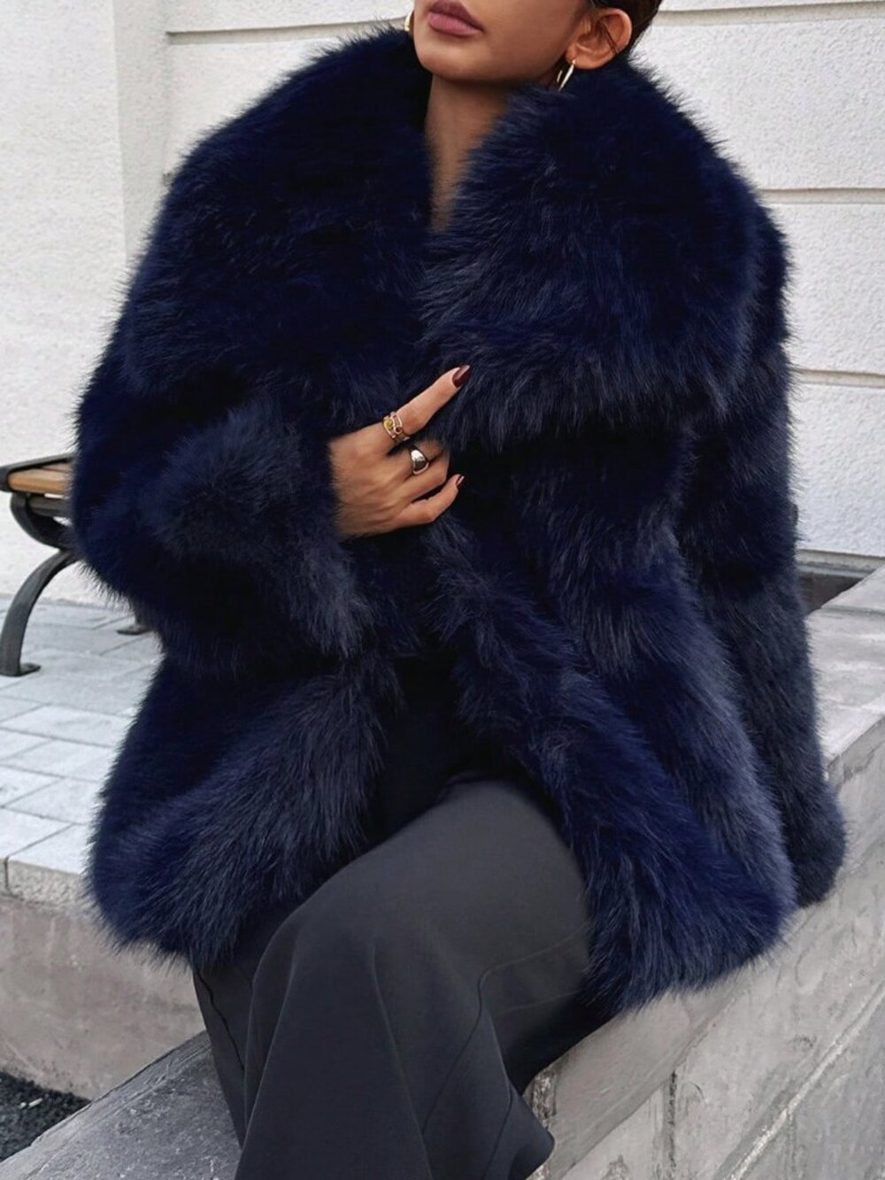 Navy Blue Casual Women's Faux Fox Collar Faux Short Coat